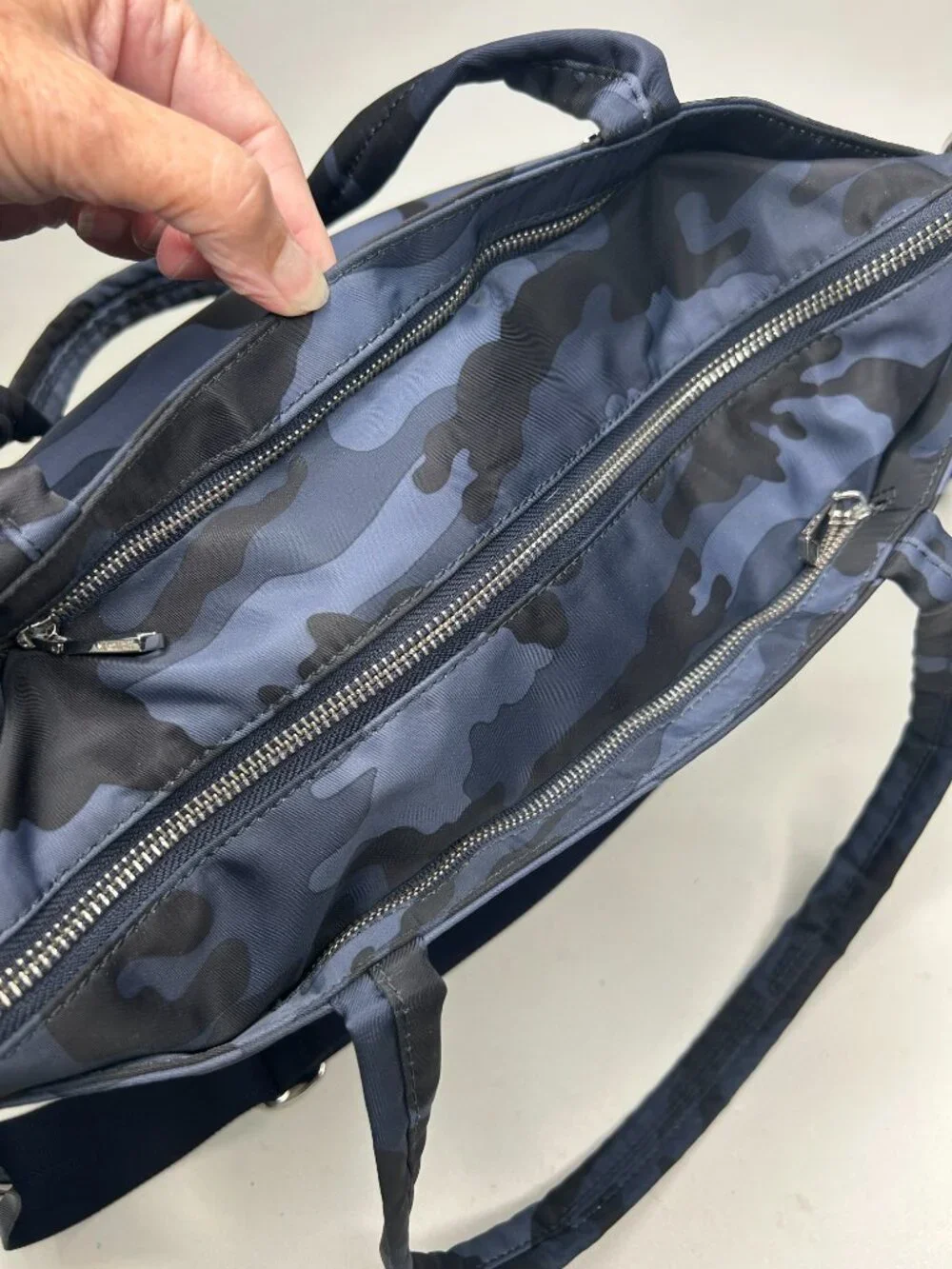 MZ WALLACE Medium Blue Camo Soho Crossbody Tote w/Pouch & Crossbody Strap